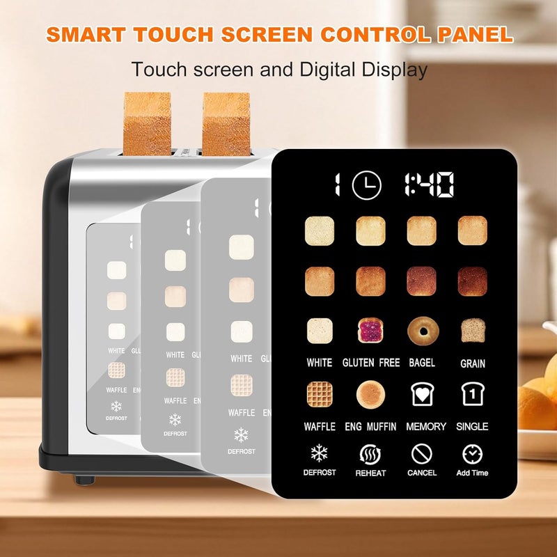 Clixane 2 Slice Toaster Touch Screen, Stainless Steel Toasters Digital Timer 2 Slot Toasters, 8 Shade Settings 6 Bread Types for Bagel, Cancel, Defrost (Black) - Image 5